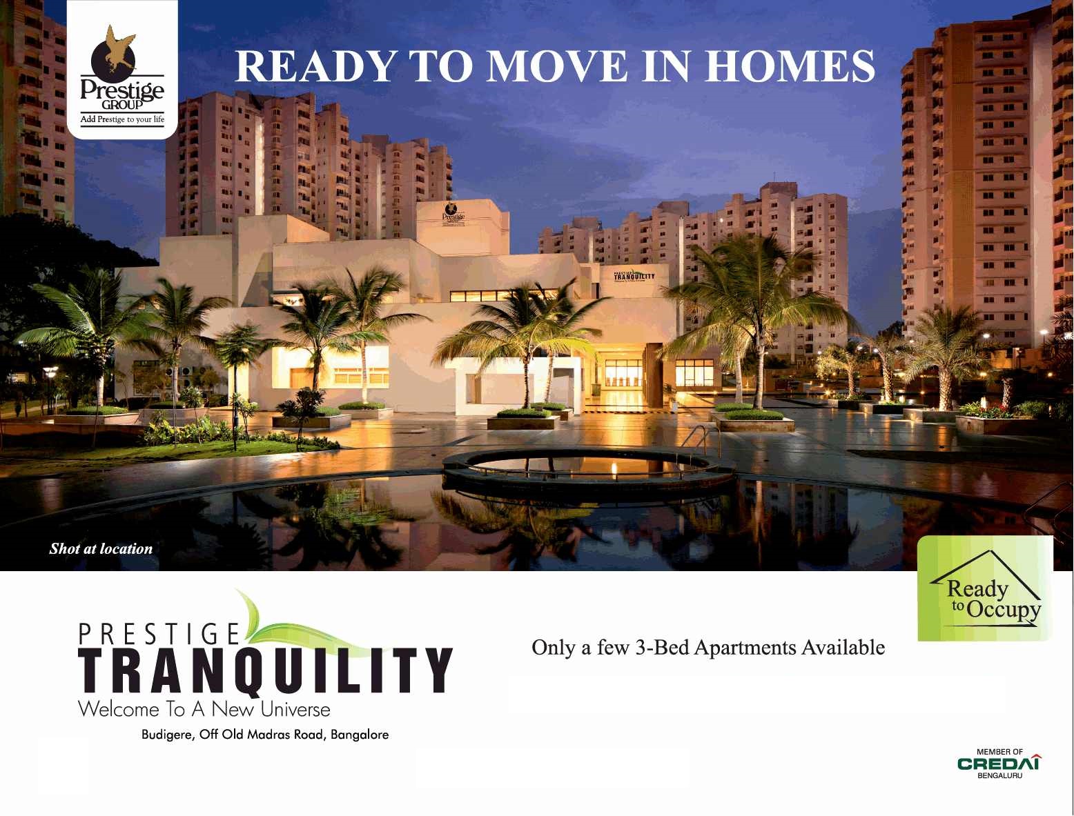 Ready to move in homes at Prestige Tranquility in Bangalore Update